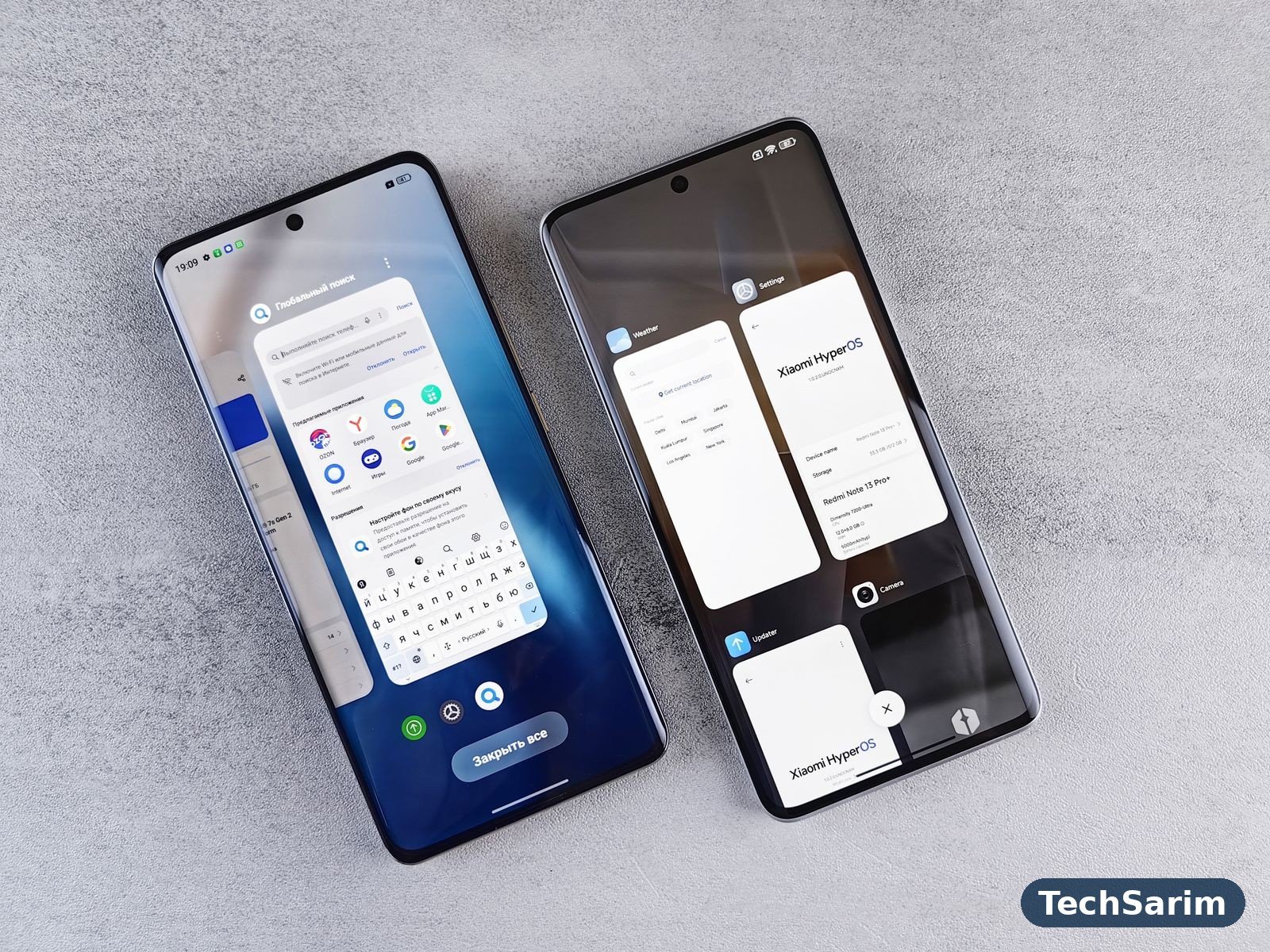 Two Android smartphones side by side showing their home screens and app drawers