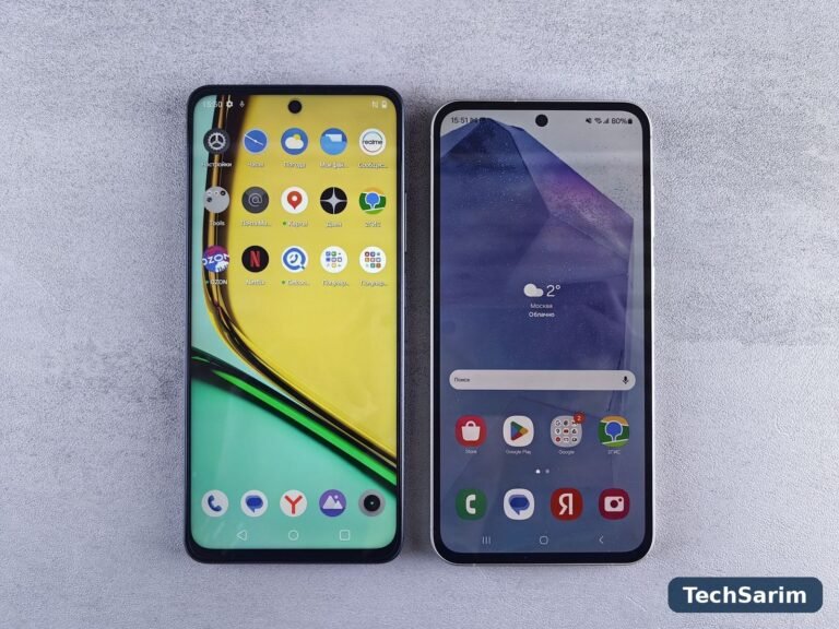 Two Android smartphones side by side showing two different home-screen styles