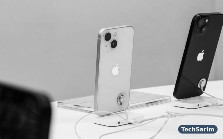 Two iPhones on display stands in a store, one white and one black