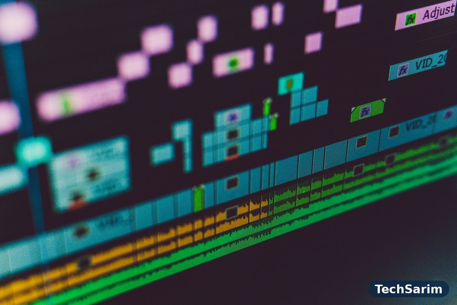 Close-up of a video editing timeline on a computer screen, with colorful video and audio tracks