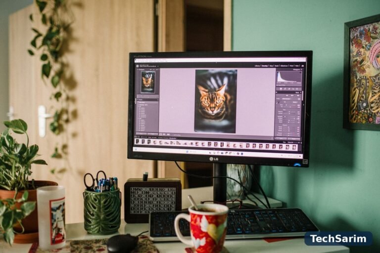 A home desk with a monitor displaying photo editing software open on a portrait of a cat
