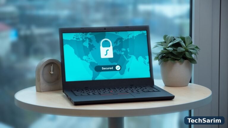 A laptop on a small round table by a window displaying a padlock icon and the word 'Secured' over a teal world map, with a small clock and a potted plant beside it