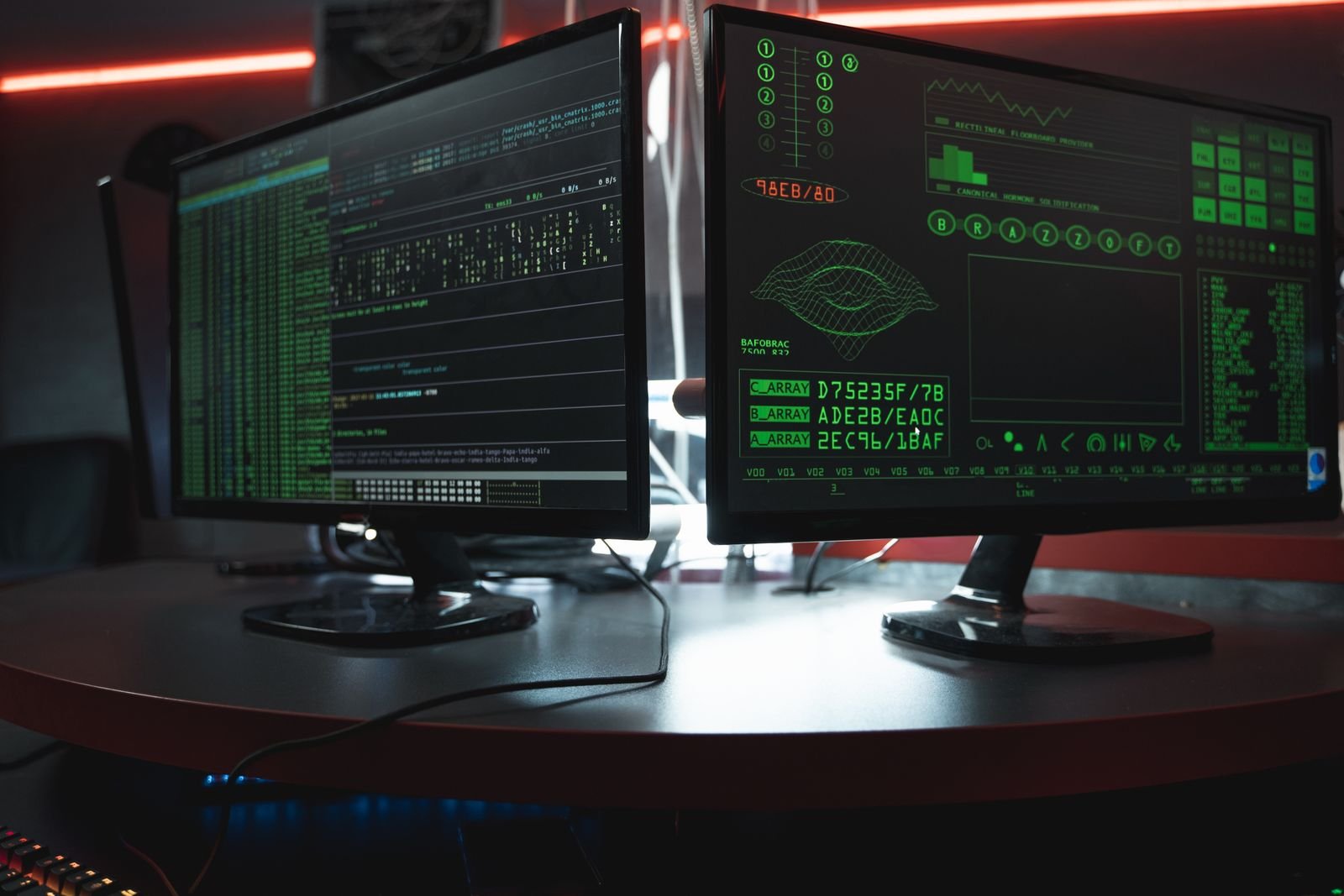 Two desktop monitors on a desk in a dark room displaying green code and data dashboards, lit by a red light strip