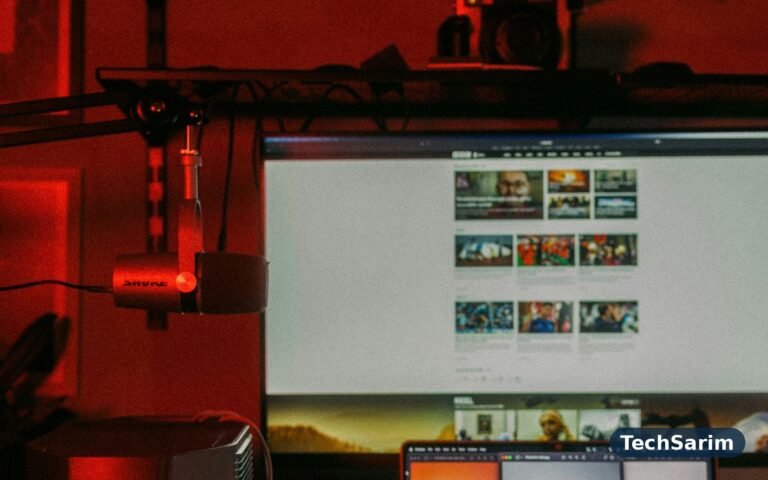 A creator's recording desk in warm red light, with a boom-arm microphone, a large monitor showing a video page and the top of a laptop below