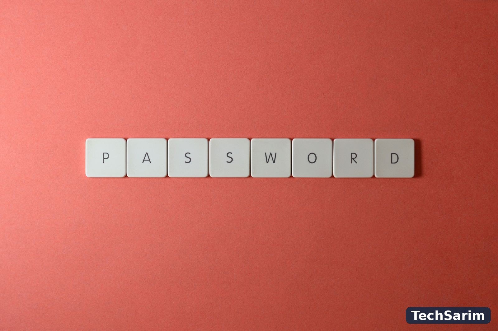 White letter tiles spelling the word PASSWORD in a row on a coral-red background